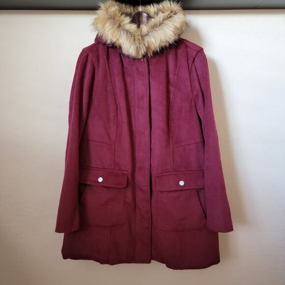 Torrid Wool Faux Fur Hooded Deep Red Zip Front Coat - Picture 6 of 16